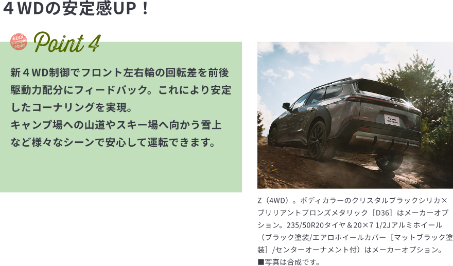 ４WDの安定感UP！　Point4　新４WD制御でフロント左右輪の回転差を前後駆動力配分にフィードバック。これにより安定したコーナリングを実現。キャンプ場への山道やスキー場へ向かう雪上など様々なシーンで安心して運転できます。
